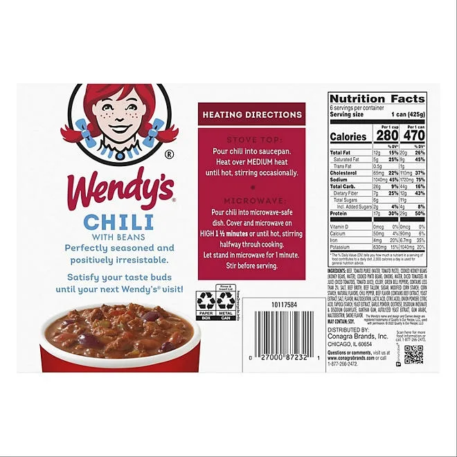 Wendy's Chili With Beans, 15 oz., 6 pk. 3