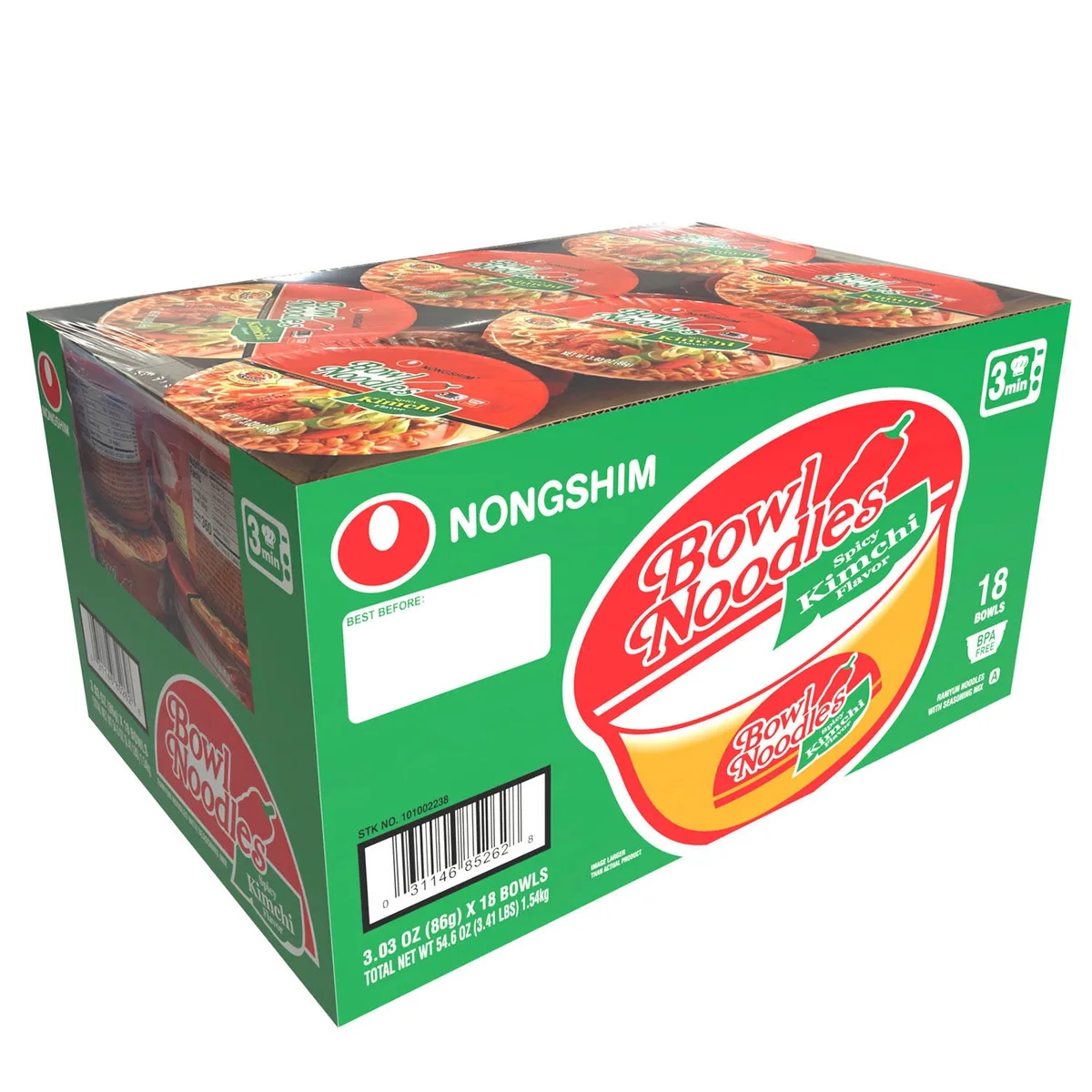 Nongshim Spicy Kimchi Ramen Noodle Soup Bowl 3.03 oz., 18 ct.