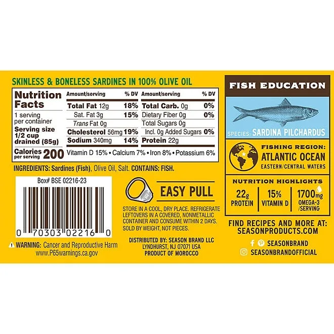 Season Brand Skinless, Boneless Sardines in Olive Oil, 4.375 oz., 6 pk. 4