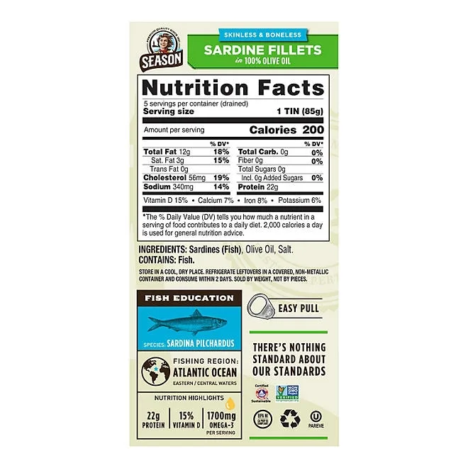 Season Skinless, Boneless Sardines in Olive Oil, 4.375 oz., 5 pk. 3