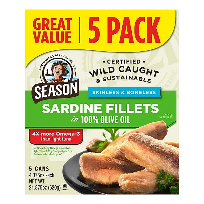 Season Skinless, Boneless Sardines in Olive Oil, 4.375 oz., 5 pk. 2