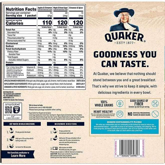 Quaker Lower Sugar Instant Oatmeal, Variety Pack, 1.17 oz., 52 pk. 5
