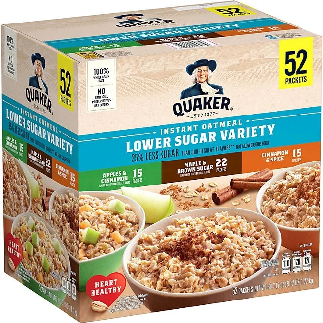 Quaker Lower Sugar Instant Oatmeal, Variety Pack, 1.17 oz., 52 pk. 2