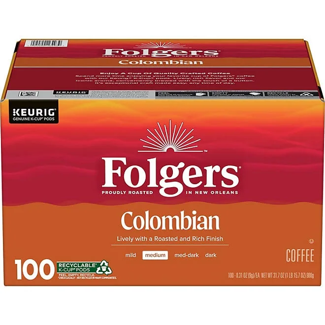 Folgers Medium Roast K-Cup Coffee Pods, 100% Colombian, 100 ct. 2