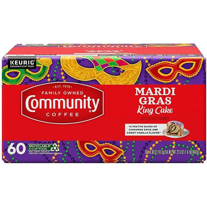 Community Coffee Medium Roast Coffee Pods, Mardi Gras King Cake, 60 ct. 2