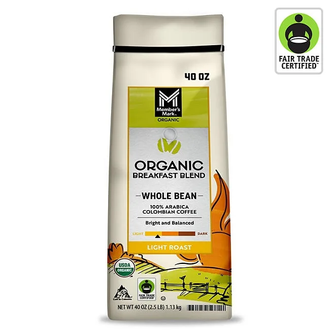 Member's Mark Organic Light Roast Whole Bean Coffee, Breakfast Blend, 40 oz. 2