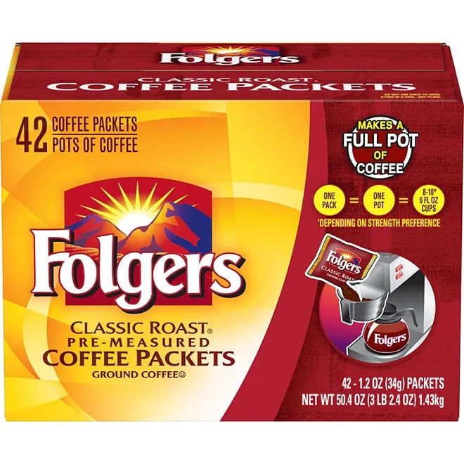 Folgers Classic Roast Ground Coffee Packets, 1.2 oz., 42 ct. 2