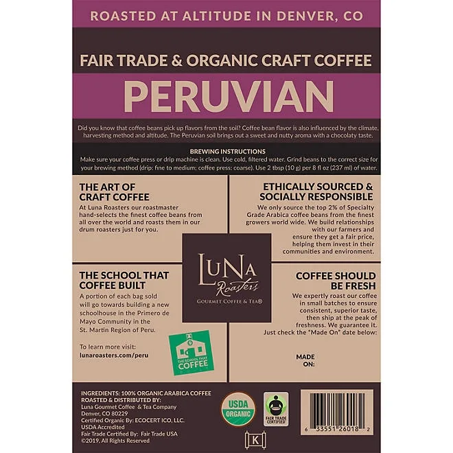 Luna Roasters Organic Peruvian Whole Bean Coffee, Medium Roast, 30 oz. 5