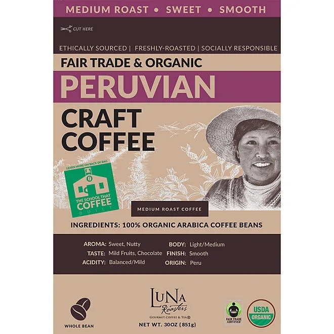 Luna Roasters Organic Peruvian Whole Bean Coffee, Medium Roast, 30 oz. 3