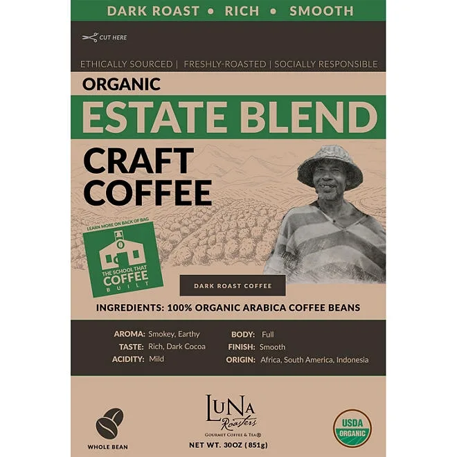 Luna Roasters Organic Estate Blend Craft Whole Bean Coffee, Dark Roast 30 oz. 4