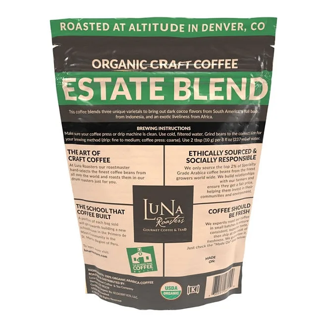 Luna Roasters Organic Estate Blend Craft Whole Bean Coffee, Dark Roast 30 oz. 3