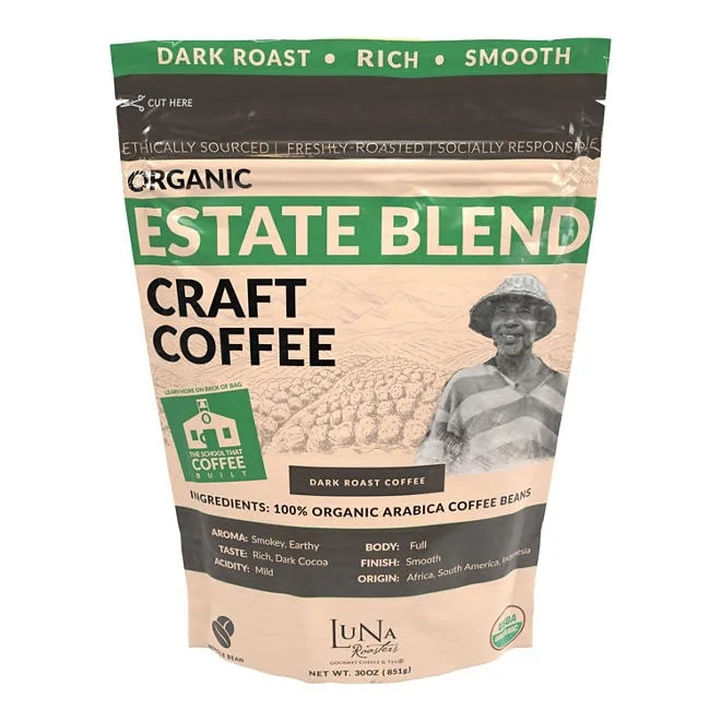 Luna Roasters Organic Estate Blend Craft Whole Bean Coffee, Dark Roast 30 oz. 2