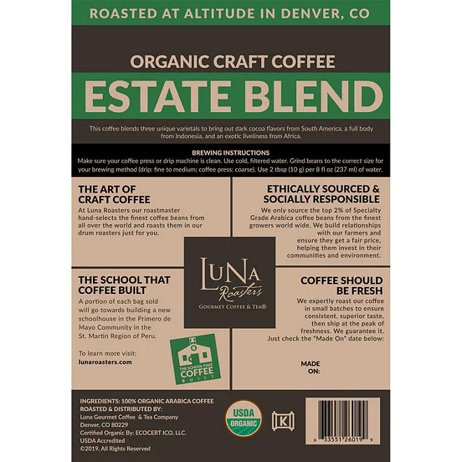 Luna Roasters Organic Estate Blend Craft Whole Bean Coffee, Dark Roast 30 oz. 5
