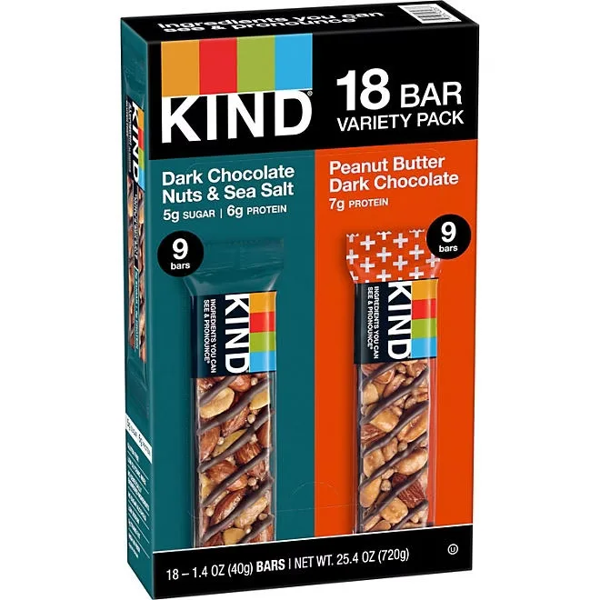 KIND Snack Bars Variety Pack, Dark Chocolate Nuts & Sea Salt and Peanut Butter Dark Chocolate, 18 ct. 2