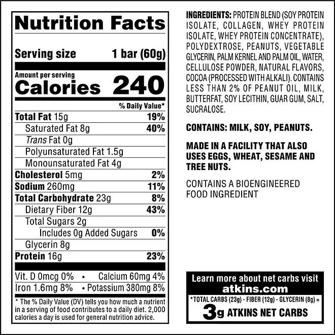 Atkins Chocolate Peanut Butter Meal Bars, High Fiber, 16g of Protein 15 ct. 3