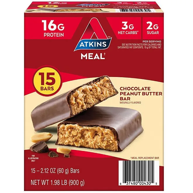 Atkins Chocolate Peanut Butter Meal Bars, High Fiber, 16g of Protein 15 ct. 2