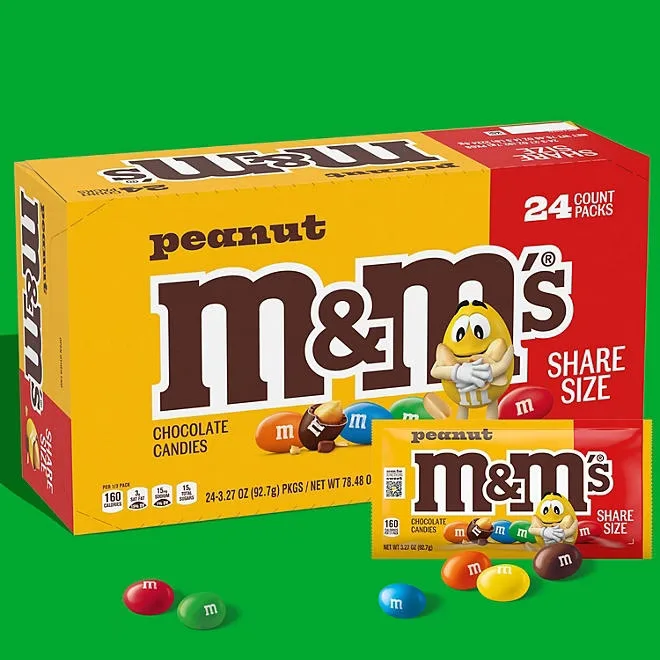 M&M'S Peanut Milk Chocolate Candy, Share Size, 3.27 oz., 24 pk. 5