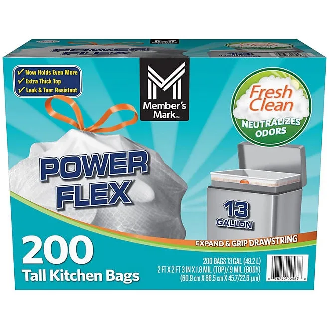 Member's Mark Power Flex 13-Gallon Tall Kitchen Trash Bags, Fresh Scent, 200 ct. 2
