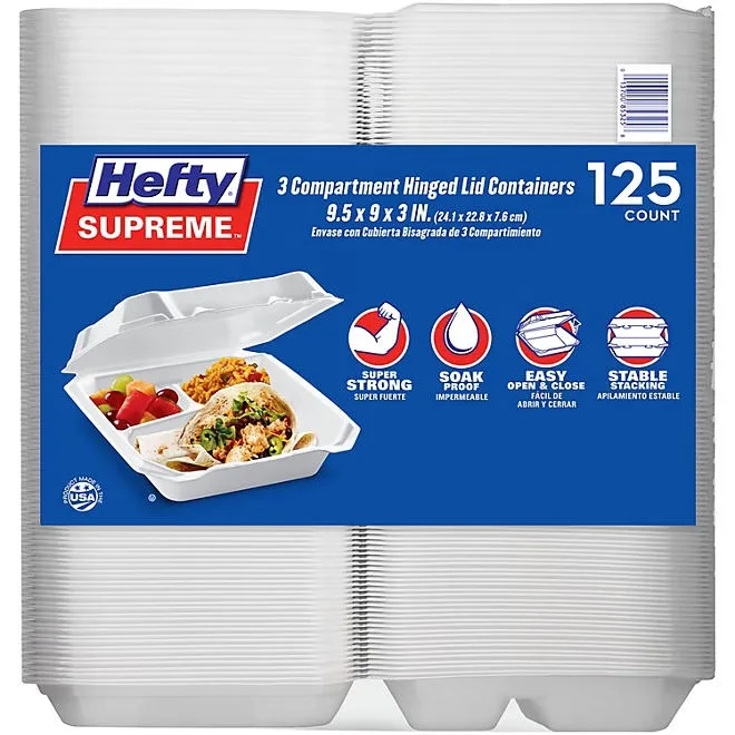 Hefty Supreme Foam Hinged Lid Container, 3-Compartment 125 ct. 2