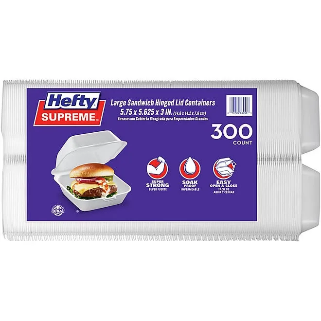 Hefty Supreme Large Sandwich Foam Hinged Lid Containers, 6" 300 ct. 2