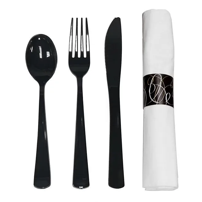 Party Essentials Napkin Roll Bag Set with Black Cutlery (4 - 25 ct. packs, 100 total) 3