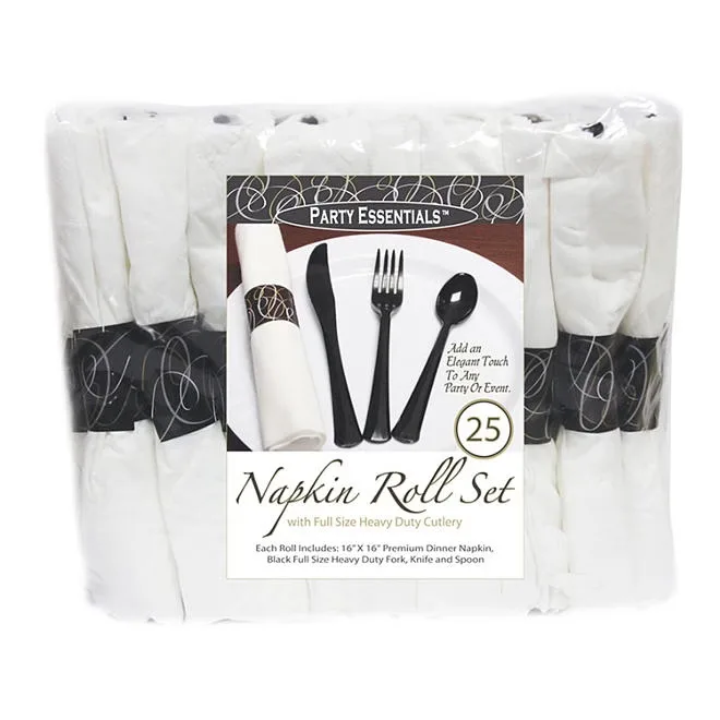 Party Essentials Napkin Roll Bag Set with Black Cutlery (4 - 25 ct. packs, 100 total) 2