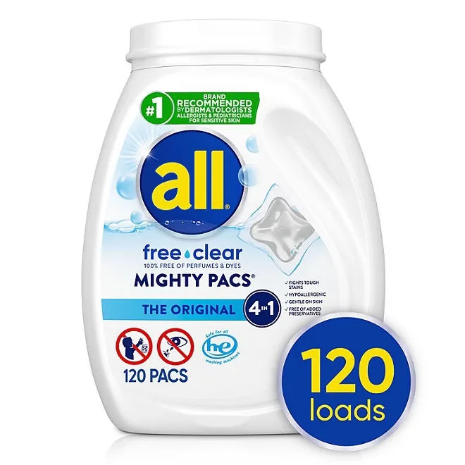 all free clear MIGHTY PACS Laundry Detergent Pacs, The Original, 120 ct. 2