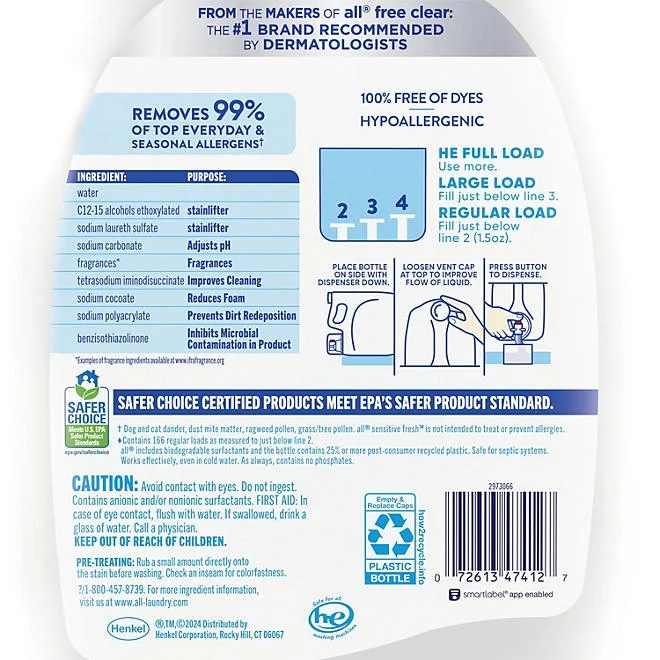 all Sensitive Fresh Liquid Laundry Detergent, Spring Breeze, 166 loads, 250 fl. oz. 3