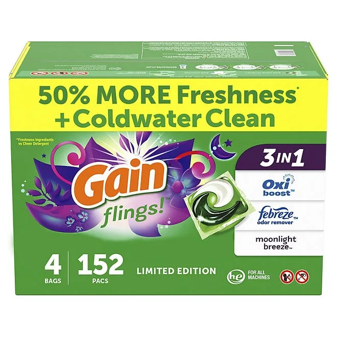 Gain Flings! Laundry Detergent Pacs, Moonlight Breeze, 152 ct. 2