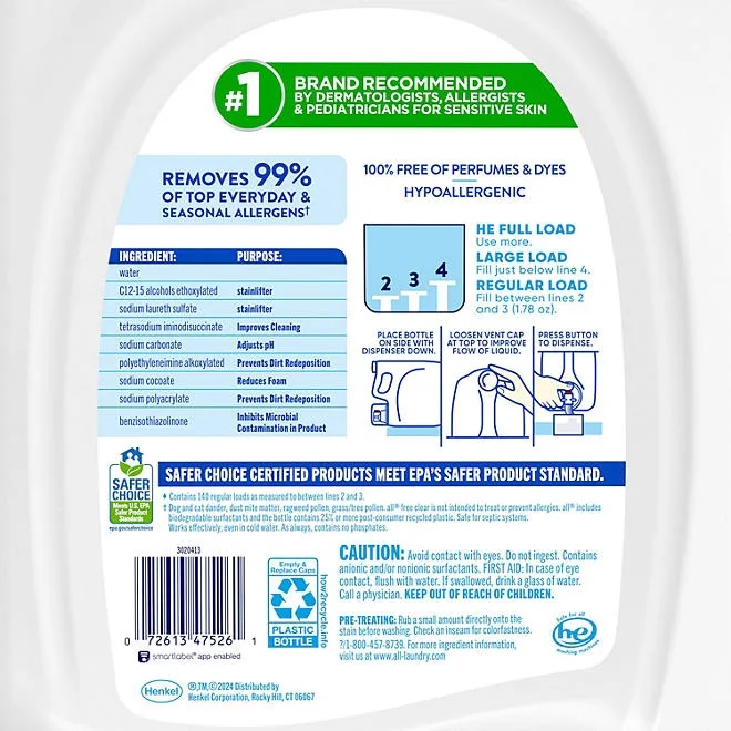 all Free Clear Liquid Laundry Detergent, Advanced Oxi, 140 loads, 250 fl. oz. 3