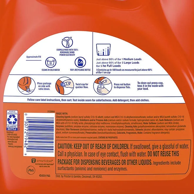 Tide with Ultra Downy Liquid Laundry Detergent, April Fresh Scent, 100 Loads, 128 fl oz 3