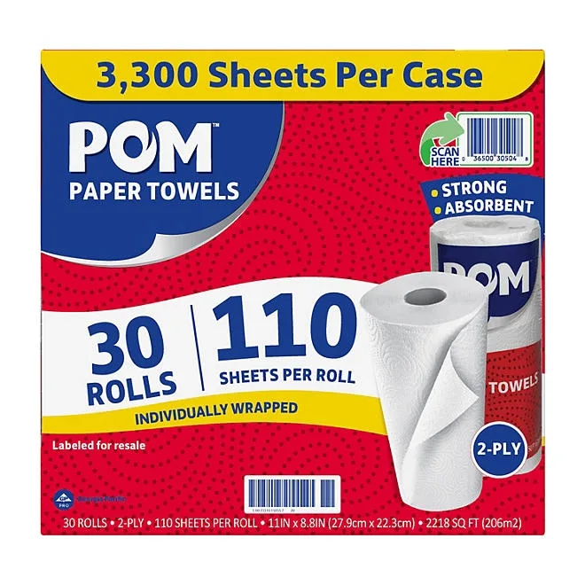 POM Individually Wrapped 2-Ply Paper Towels 30 rolls, 110 sheets/roll 2