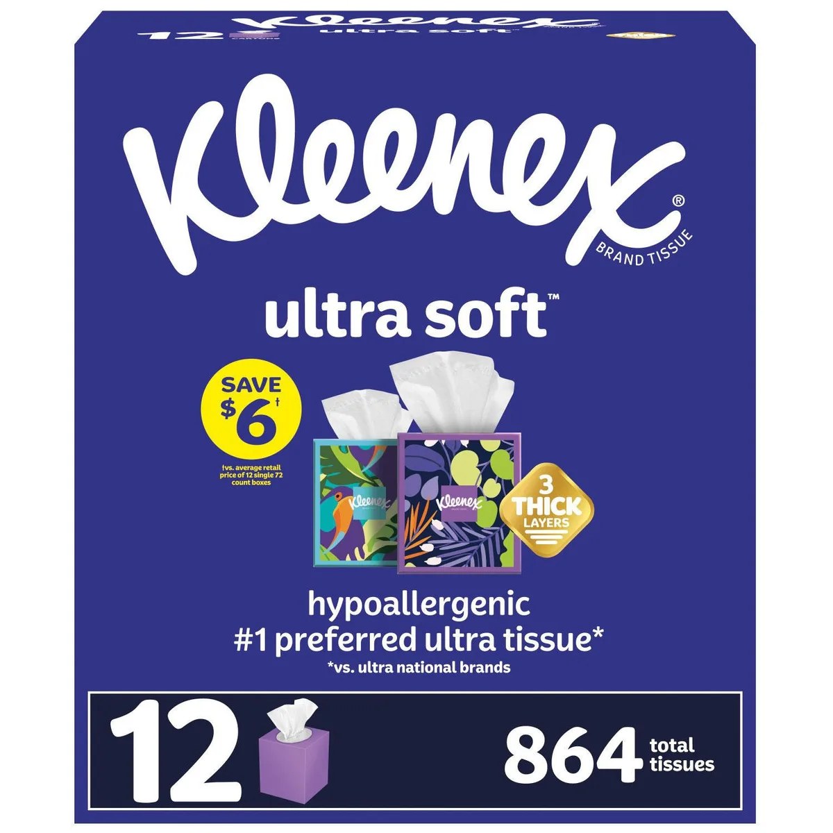 Kleenex Ultra Soft Hypoallergenic 3-Ply Facial Tissues 12 Cube Boxes, 72 tissues/box