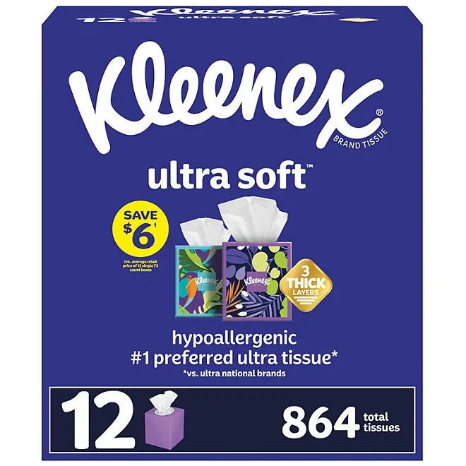 Kleenex Ultra Soft Hypoallergenic 3-Ply Facial Tissues 12 Cube Boxes, 72 tissues/box 2