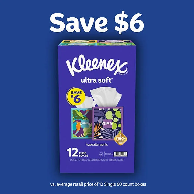 Kleenex Ultra Soft Hypoallergenic 3-Ply Facial Tissues 12 Cube Boxes, 72 tissues/box 4