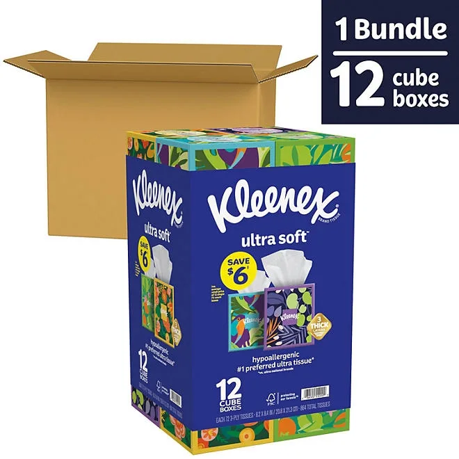 Kleenex Ultra Soft Hypoallergenic 3-Ply Facial Tissues 12 Cube Boxes, 72 tissues/box 3