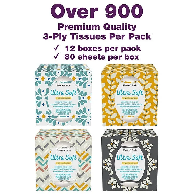 Member's Mark Ultra Soft 3-Ply Facial Tissues, 12 Cube Boxes, 80 tissues/box 4