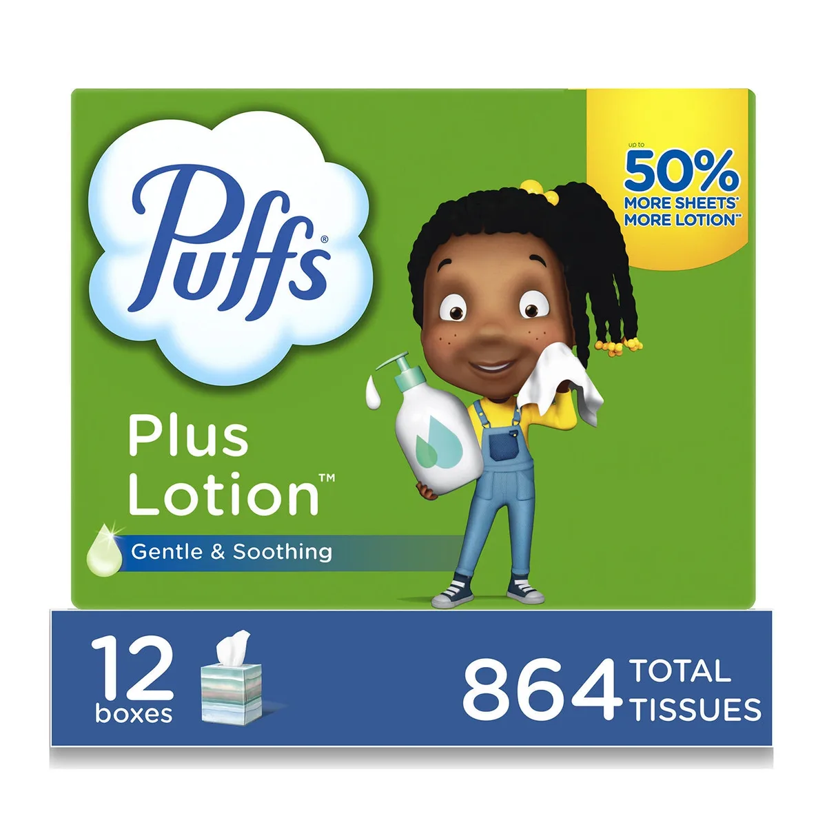 Puffs Plus Lotion 2-Ply Facial Tissues 12 Cube Boxes, 72 tissues/box