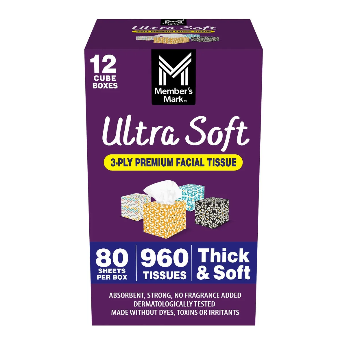 Member's Mark Ultra Soft 3-Ply Facial Tissues, 12 Cube Boxes, 80 tissues/box