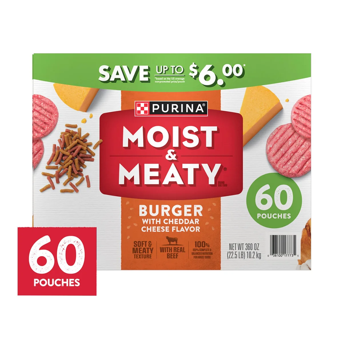 Purina Moist & Meaty Burger with Cheddar Cheese Flavor, Adult Dog Food, 6 oz., 60 ct.