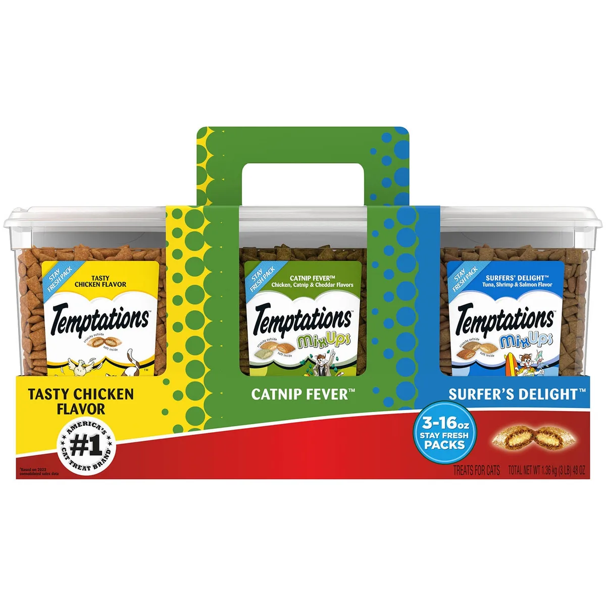TEMPTATIONS Cat Treats Variety Pack with Tasty Chicken Flavor, Catnip Fever, & Surfers' Delight, 16 oz., 3 tubs