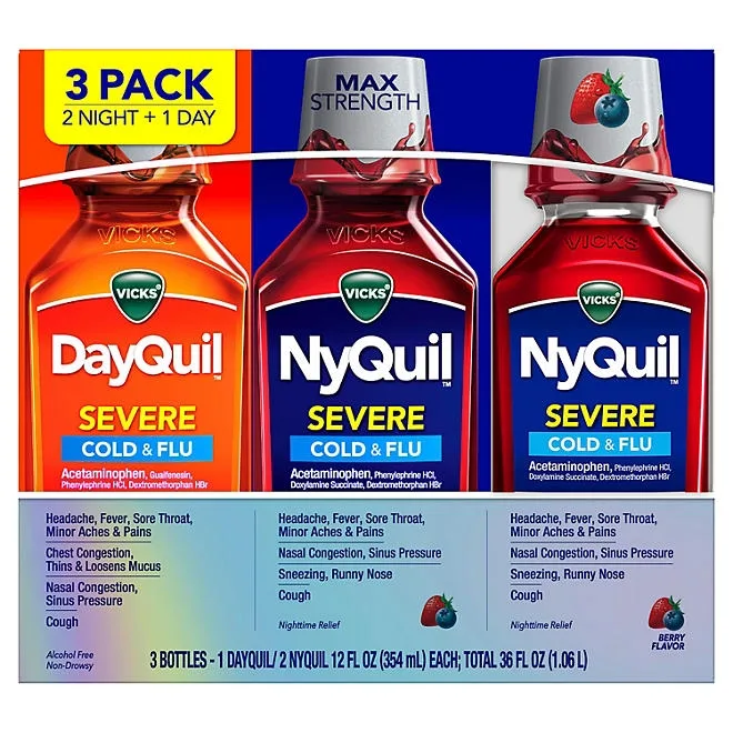 Vicks DayQuil & NyQuil Severe Cold & Flu Relief Liquid, Berry, 12 fl. oz., 3 pk. 2