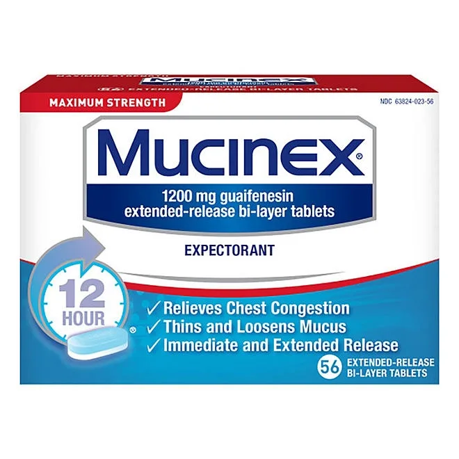 Mucinex 12-Hour Maximum Strength Chest Congestion Expectorant Tablets, 1200 mg Guaifenesin 56 ct. 2