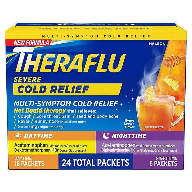 Theraflu MultiSymptom Severe Cold Relief Medicine/Nighttime Severe Cold and Cough Relief Medicine Powder, 24 ct. 2