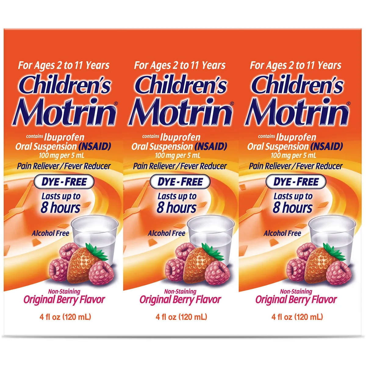 Children's Motrin Pain Reliever/Fever Reducer NSAID, 100 mg Ibuprofen, Original Berry 4 oz., 3 pk.