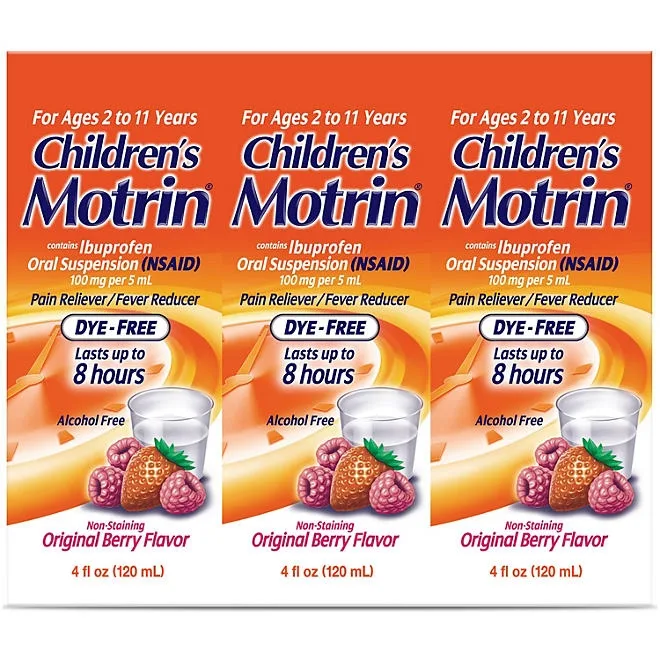 Children's Motrin Pain Reliever/Fever Reducer NSAID, 100 mg Ibuprofen, Original Berry 4 oz., 3 pk. 2