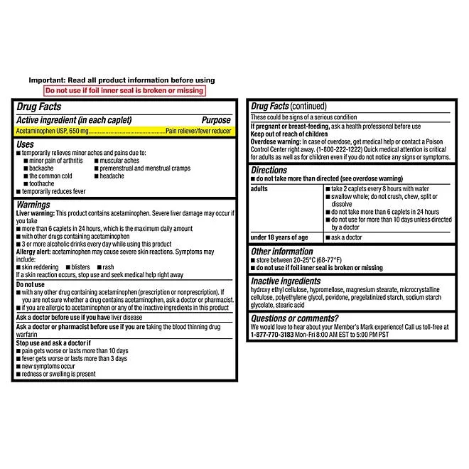 Member's Mark Arthritis Pain Extended Release Tablets, 650 mg Acetaminophen, 200 ct./pk., 2 pk. 5
