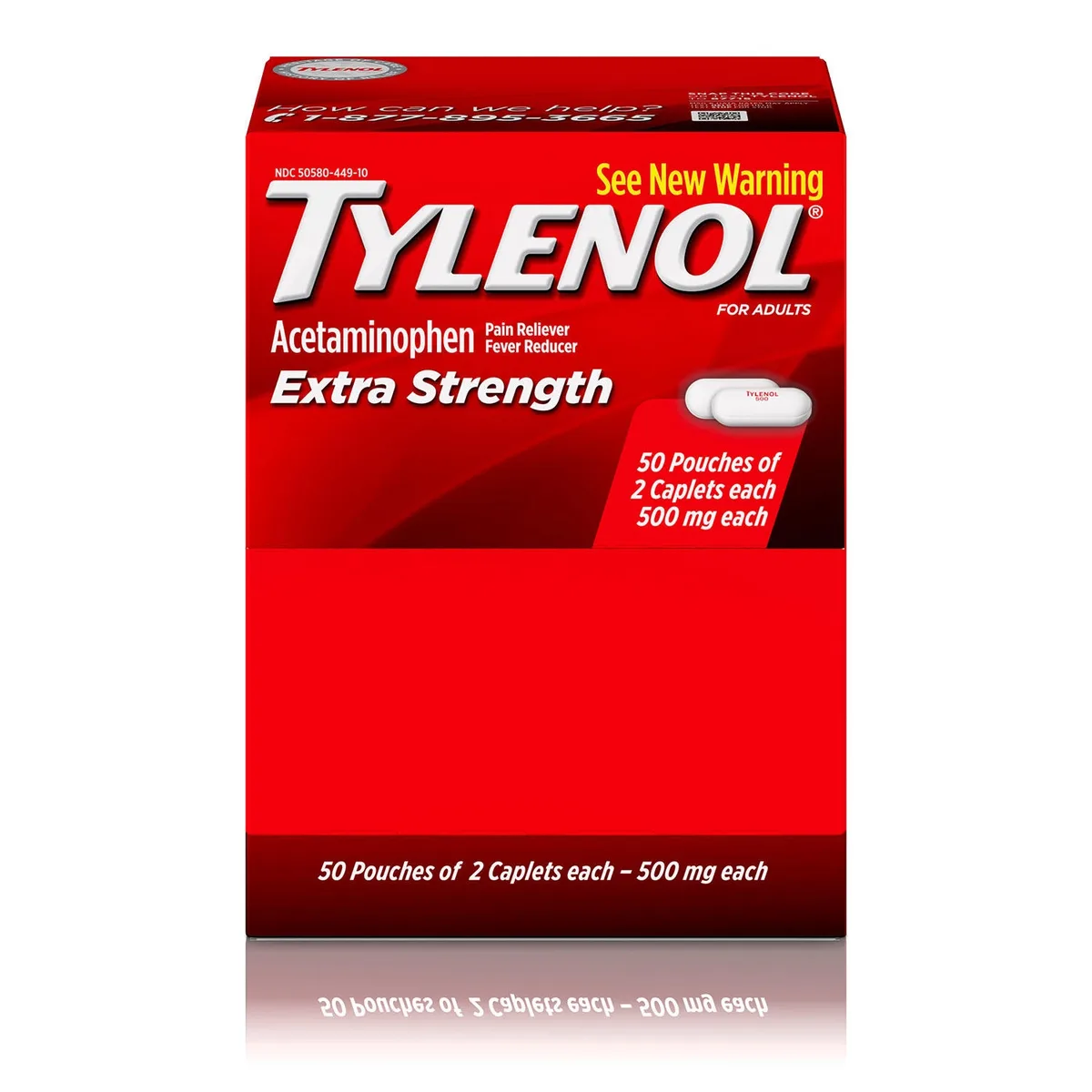 Tylenol Extra Strength, 500 mg. Acetaminophen, 2 caplets/pk., 50 pk.