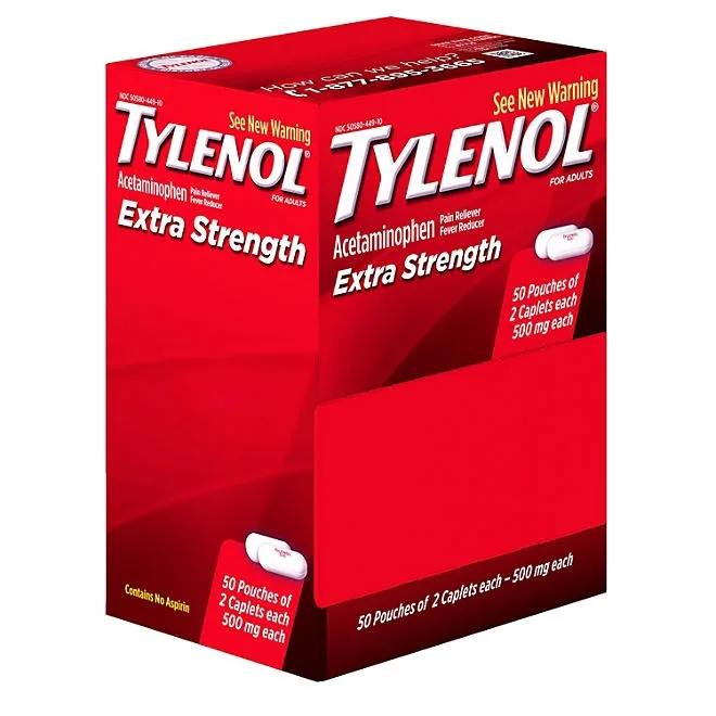Tylenol Extra Strength, 500 mg. Acetaminophen, 2 caplets/pk., 50 pk. 3