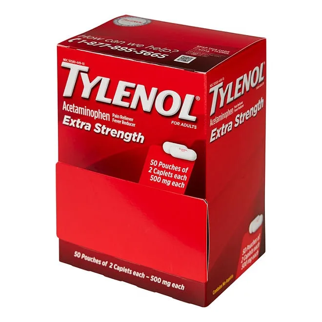 Tylenol Extra Strength, 500 mg. Acetaminophen, 2 caplets/pk., 50 pk. 5
